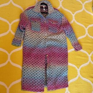 Crochet Long Button-Up Coatigan in Pink and Blue Ombre